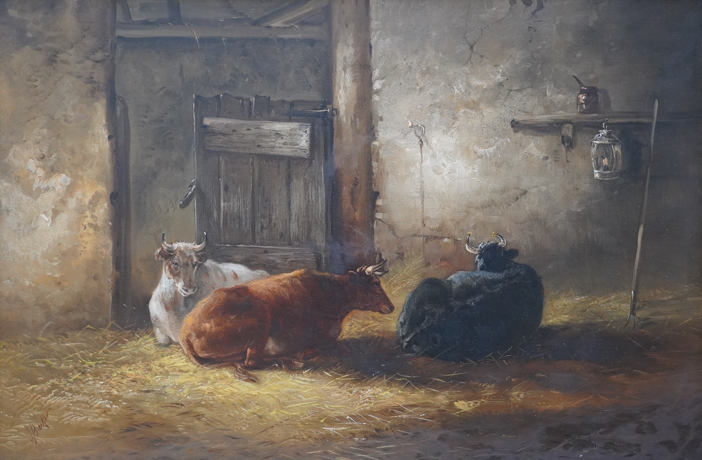 John Baxter (1811-1886), oil on canvas, Resting cattle in a barn, signed, 49 x 74cm, gilt framed